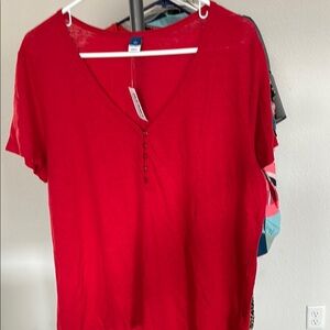 Red V-Neck Buttoned Women's Top